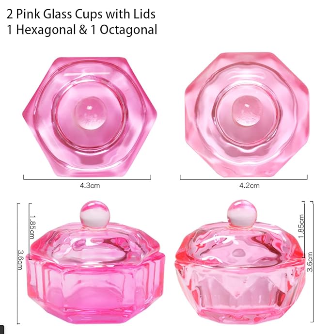 2 Pcs Pink Glass Nail Art Cups Nail Dipping Jars Nail Dappen Dishes Bowls Nail Powder Holders Nail Liquid Containers with Lid Nail Salon Supplies Hexagon Nail Art and Polish