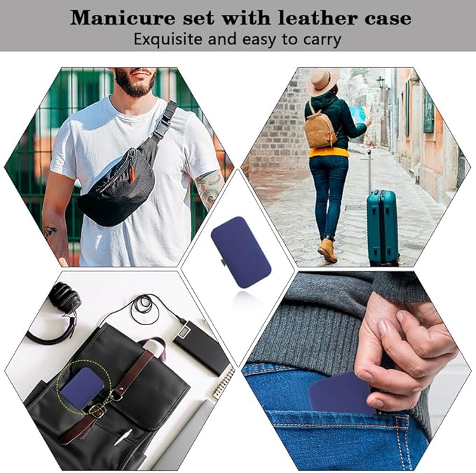 Christmas Stocking Stuffers Nail Clippers Manicure Set Nail Tools Pedicure Supplies Fingernail Clippers for Men Manicure Kit Toenail Clipper 8 in 1 Pednicure Tools Blue with Leather Travel Case