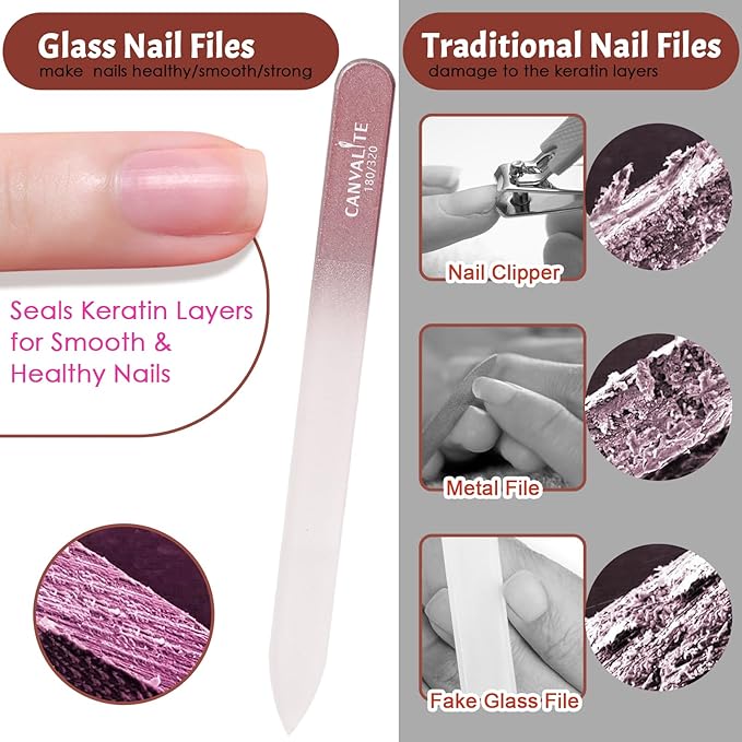 CANVALITE Glass Nail Files for Natural Nails - Double Sided 180/320 Grit Crystal Glass File with Case, Gentle Emery Boards for Damaged Nails, Stocking Stuffers for Women (Rose Gold)
