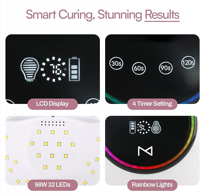 M - HaloLite LED Nail Curing Lamp 98W, 32 LEDs, Wireless Rechargeable with 5200mAh Battery, Fast UV/LED Gel Nail Dryer for Salon & Home Use, Long-Lasting, Portable, Cordless Design (Pink)