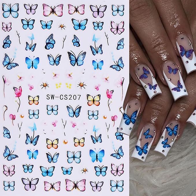 6Pcs Butterfly Nail Stickers for Nail Art Spring Flower Nail Decals French Tip Nail Art Stickers Retro Blue Pink Butterflies Floral Nail Design Supplies Cute Nail Decoration for Acrylic Nails Charm