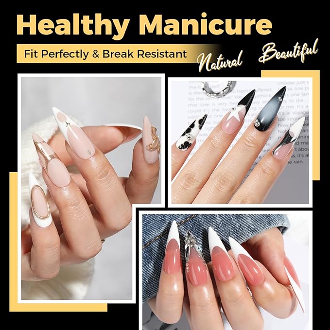 UNA GELLA Halloween Long Stiletto Gel Nail Tips, 600Pcs Pre Etched Long Stiletto Almond Nail Tips Clear Fake Nails Press on Nails No C Curve for DIY Art Salon at Home 12 Sizes