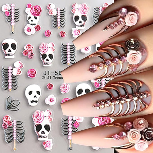 2Sheets Halloween Nail Art Stickers 5D Embossed Skull Bones Nail Decals with Cute Rose Flowers Designs Nail Stickers Self-Adhesive Skeleton Floral Nail Decal for Women DIY Manicure Decoration Supplies