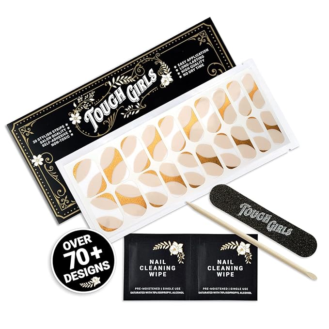 | Nail Polish Strips | 20 Stylish Strips | Brighter, Thicker, Tougher | Includes Cuticle Stick, Nail File, & Nail Wipes (Metallic Gold & White Edges & Tips)