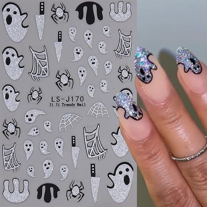 6 Sheets Cute Halloween Nail Art Stickers Evil Pumpkin Ghost Nail Stickers 3D Self-Adhesive Goth Skeleton Spider Web Bat Nail Decals Gothic Halloween Nail Decorations for Acrylic Nail Supplies