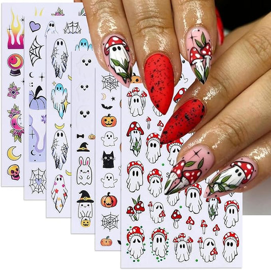 Halloween Nail Art Stickers Decals Ghost Pumpkin Halloween Design Nail Decals 3D Self-Adhesive Nail Art Supplies 6PCS Mushroom Ghost Moon Pumpkin Nails Deign Stickers for Women DIY Nail Decorations