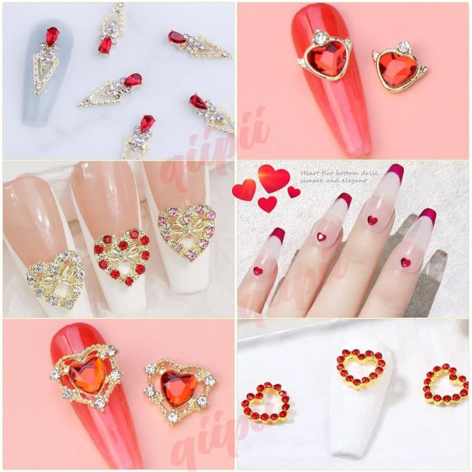 36pcs Red Heart Nail Charms Golden Luxury Alloy Valentine Charms for Nails 3D Red Nail Art Rhinestones Gems Gold Crystal Diamonds Jewelry Stones Studs Charms Supplies for Nails Face Eyes Makeup