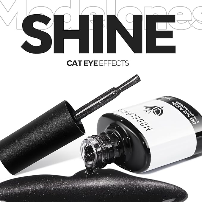 modelones Cat Eye Gel Nail Polish, 15 ML Holographic Glitter Shimmer Translucent Sheer Color Black Polish Magnetic Nail Polish with Magnet Soak Off Led Top Coat Nail Art Gel DIY Salon Gift