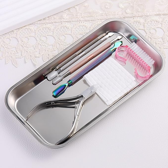 2 Pack Stainless Steel Silver Decorative Tray, Manicure Surgical Tools Placing Dish, Bathroom Vanity Trays for Dresser Counter