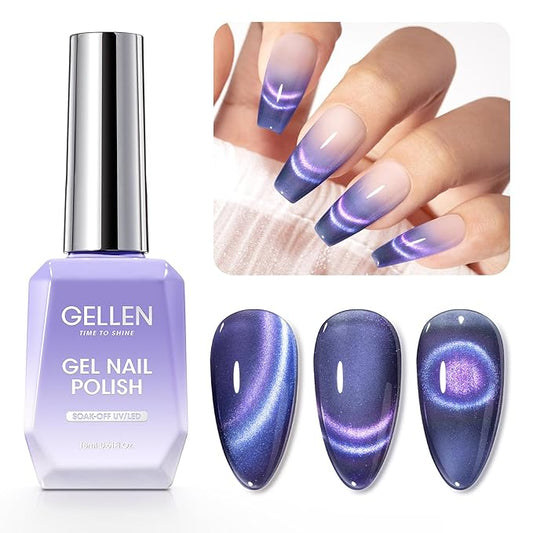 Gellen Cat Eye Gel Nail Polish, 18ml Blue Purple Color Cat Eye Gel Polish with Magnet Stick, Holographic Glitter Cat Eye Nail Polish Soak Off Nail Art Manicure at Home