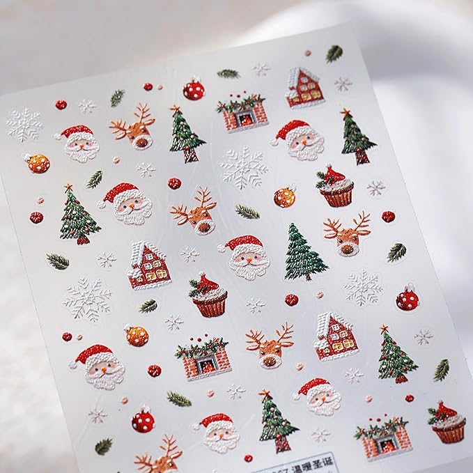 1Sheet Christmas Nail Art Stickers 5D Embossed Cute Santa Claus Elk Designs Nail Decals Self-Adhesive Xmas Tree Snowflake Nail Stickers Christmas House Cake Nail Decal for Women Nails Decoration