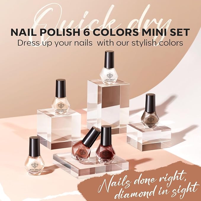 modelones Brown Nail Polish Set 6 Colors, Fall Winter Nude Silver Glitter Nail Polish Skin Tone Collection Quick Dry Mini Manicure DIY Nail Art Salon Home Gifts For Women Girl
