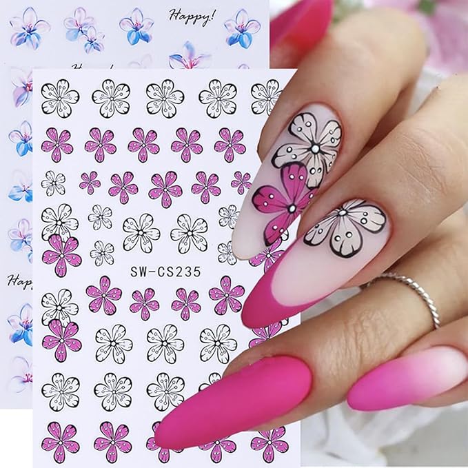 6Sheets Flower Nail Stickers Retro Style Floral Nail Art Stickers Spring Summer Nails Decals Cherry Blossom Kapok Daisy Nails Design Supplies Colorful Flower Sticker for Women Acrylic Manicure Decor