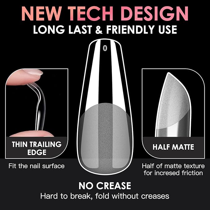 Medium Coffin Soft Gel Nail Tips, BORNBYME 216 PCS Pre Buff Full Cover Shaped Nail Extenison Tips Half Matte Gel X Nail Tips