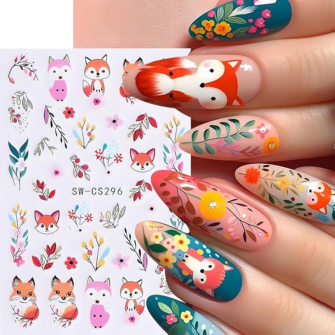 Fall Nail Art Stickers, Cute Fox Nail Art Decals 3D Self-Adhesive Cotton Fox Nails Stickers Autumn Blossom Flowers Nail Design 6Pcs Nail Art Supplies for Women Nail Decoration