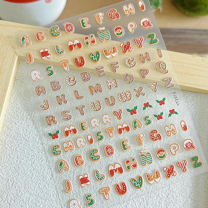 Christmas 5D Embossed Nail Art Stickers - Letter Decals, Sanding Design, Cute Winter Holiday Supplies for Women DIY - English Colour Alphabet, Cute Winter Holiday Theme