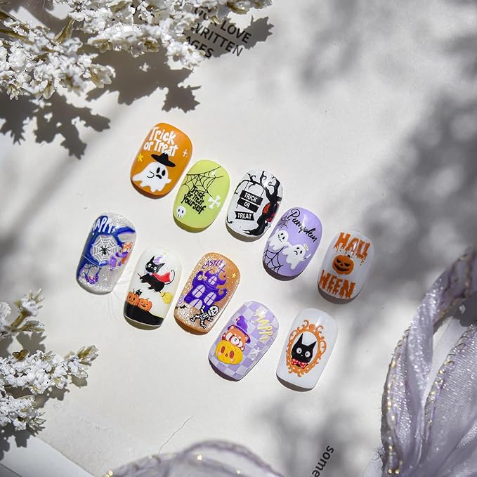 1 Sheets Embossed Halloween Nail Stickers for Nail Art Cute Pumpkin Black Cat Nail Decals Self-Adhesive Horror Ghost Skeleton Nail Art Stickers 5D Spider Web Nail Design Decals for Women
