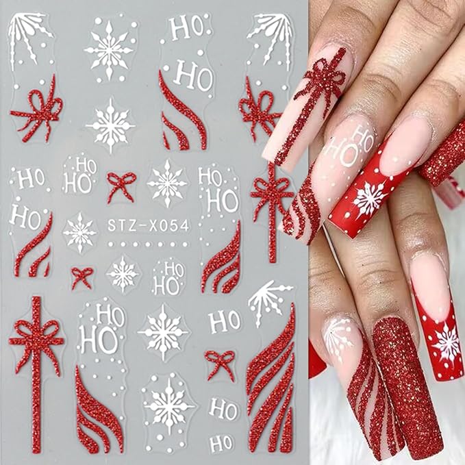 6Sheets Red Christmas Nail Art Stickers,Christmas Hat Snowflake Gift with French Bow Snowflakes Hat Glitter Design 3D Self-Adhesive Decals Supplies Winter New Year Manicure Tips Decoration for Women