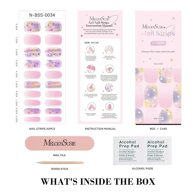 MelodySusie Semi Cured Gel Nail Strips, 20 PCS Gel Nail Stickers, Gel Nail Wraps, UV Light Required, Durable and Salon Quality (Unicorn Stars)