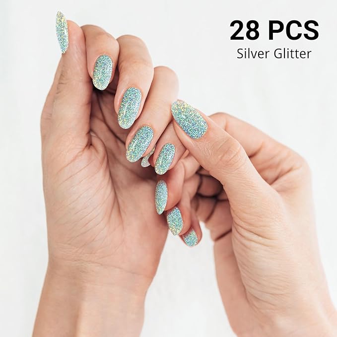Semi Cured Gel Nail Strips, Silver Glitter | 28pcs Gel Nail Strips Work with Any uv lamp,Gel Nail Stickers for Women Girls, Includes Prep Pads, Nail File & Wood Stick