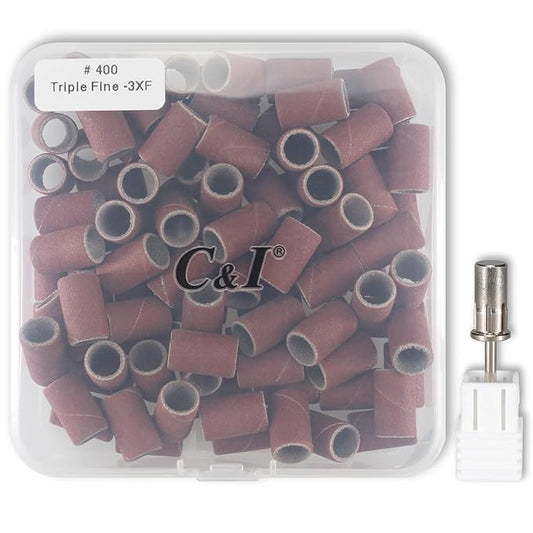 C & I Nail Sanding Bands 100 PCS Plus Upgrade Mandrel 1 PC, Nail Drill Bits for Acrylic Gel Nails Remove, Natural Nails Buffer for Nail Prep and Nail Shiner (Brown, #400 Triple Fine)