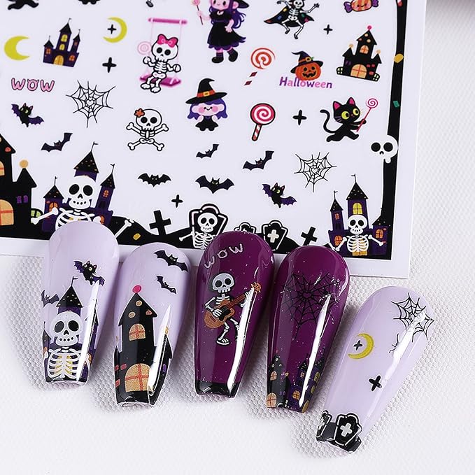 6 Pcs Halloween Nail Art Stickers,Cute Bear and Cat 3D Self-Adhesive Nail Decals with Designs Skull Pumpkin Nail Decorations Halloween DIY Manicure Supplies for Women Girls