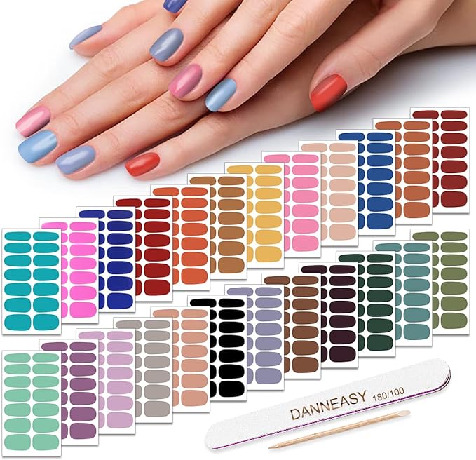 Nail Polish Strips - Solid Color, DANNEASY 24 Sheets Adhesive Nail Polish Stickers Full Nail Wraps Gel Sticker Nails for Women Girls Nail Art Supplies with 1Pc File, Cuticle Stick