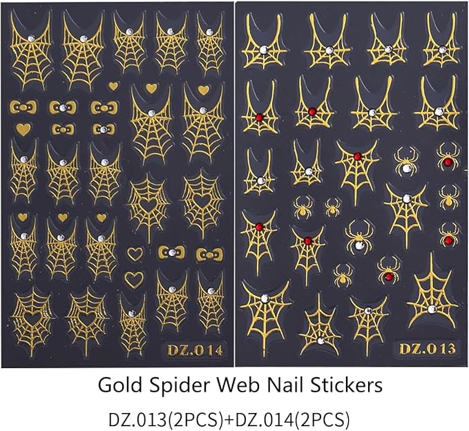 Halloween Nail Art Stickers Decals 4PCS Golden Spider Web Spider Nail Decals with Rhinestone White Red Crystal Spider Web Spider Nail Stickers Bow Heart Halloween Nail Art Supplies for Women Manicure