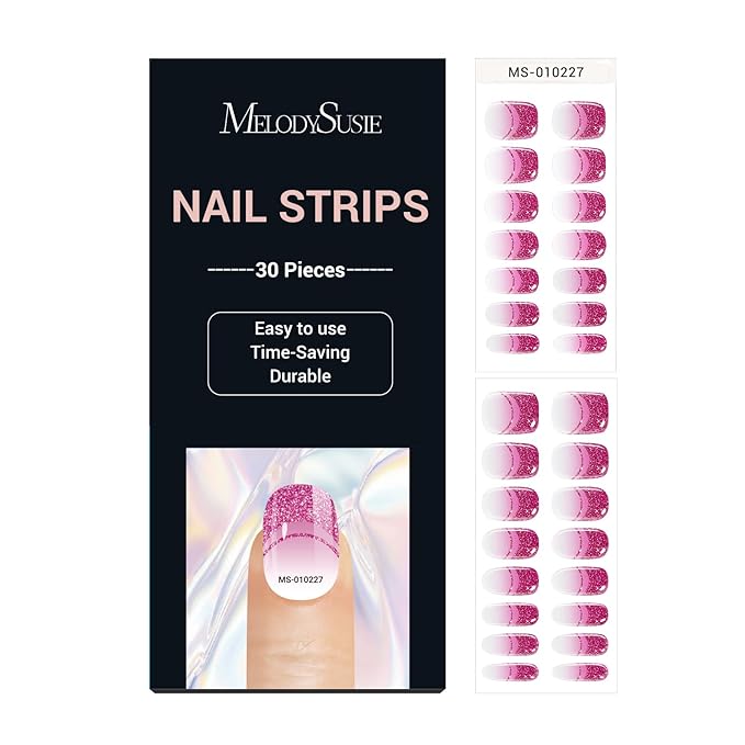 MelodySusie 30PCS Semi Cured Gel Nail Strips (Hot Pink Double French Tips), Salon Quality, Long Lasting, Easy to Apply, Includes 2 Prep Pads, Nail File and Wooden Stick