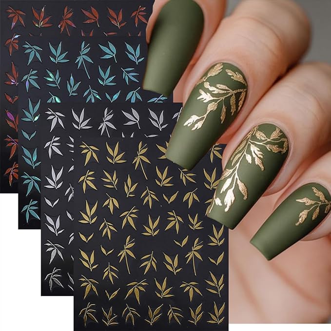 5 Sheets Fall Nail Stickers Colorful Bamboo Leaf Nails Decals 3D Self Adhesive Orange Blue Green Silver Gold Nails Design Autumn Nail Art Stickers Fall Leaves Sticker for Women Manicure Supplies