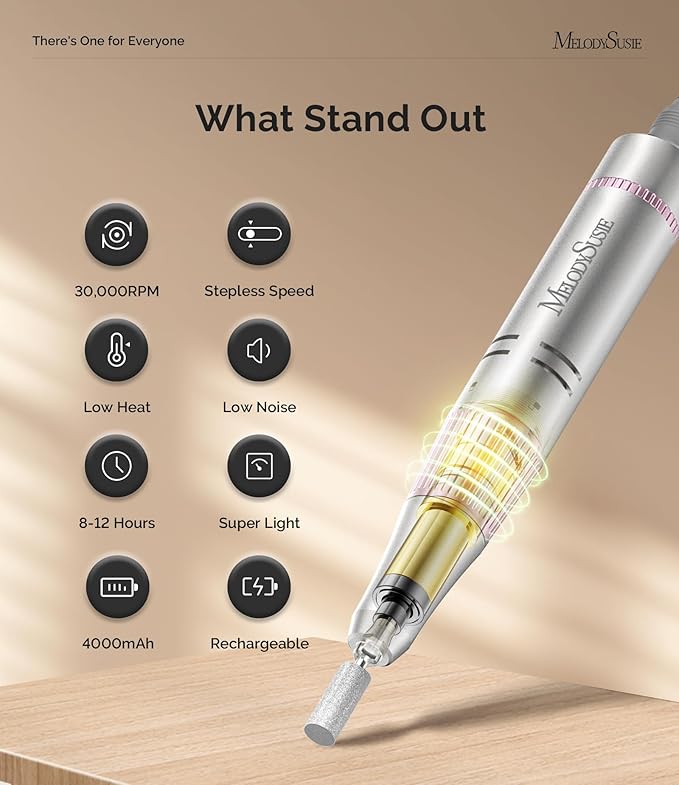 MelodySusie Portable Nail Drill 30000 RPM, SC320F Professional Rechargeable Electric Cordless Nail File for Acrylic Nails Gel Polishing Removing, Efile Nail Kit for Manicure Salon Home, Rose