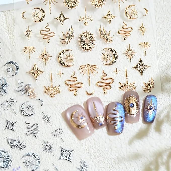 2 Sheets Gold Boho Nail Stickers for Nail Art Gold Star Moon Sun Snake Nail Decals 5D Embossed Nail Art Decals Self-Adhesive Stickers for DIY Nails Art Decoration