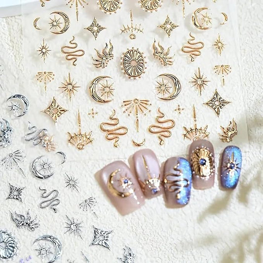 2 Sheets Gold Boho Nail Stickers for Nail Art Gold Star Moon Sun Snake Nail Decals 5D Embossed Nail Art Decals Self-Adhesive Stickers for DIY Nails Art Decoration