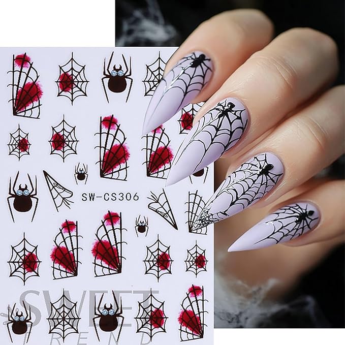6 Sheets Halloween Nail Art Stickers 3D Self -Adhesive Blood Spider Web Nail Decals Holographic Black Blue Spider Blood Drops Nail Stickers Halloween Nail Decoration for Women Manicure Supplies