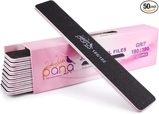PANA Jumbo Double-Sided Emery Nail File for Manicure, Pedicure, Natural, and Acrylic Nails - Black (Grit 180/180) - 50 Piece Pack