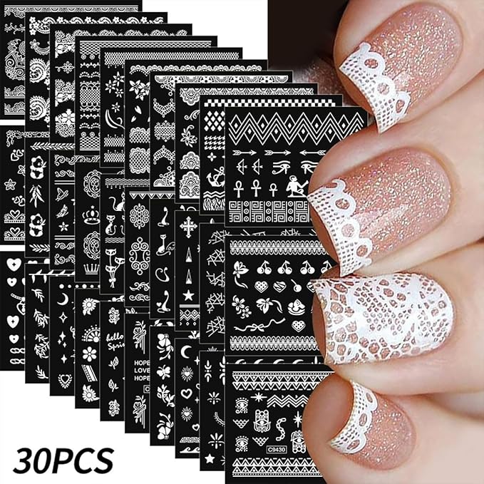 30 Sheets White Nail Art Stickers 3D Self-Adhesive White Lace Hollow Nail Stickers Cat Flower Star Moon Heart Nail Decals 3D Gold Retro Nail Art Design Manicure for Women DIY Acrylic Nails Decoration