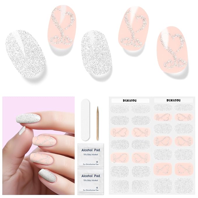 Semi Cured Gel Nail Strips,28 Pcs Gel Nail Stickers Wraps (Glitter Heart),Long Lasting Polish Strips with UV Light, Easy to Apply