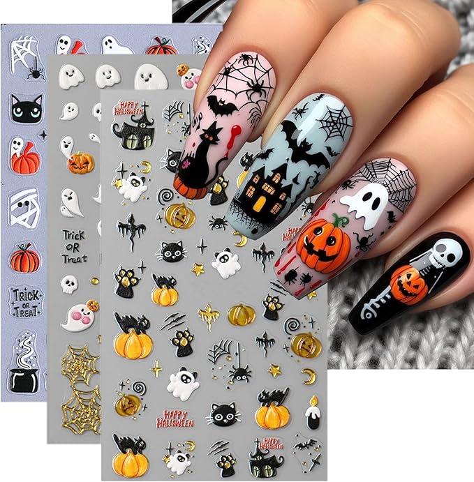3 Sheets Goth Nail Stickers 5D Embossed Halloween Ghost Nail Art Stickers Cute Cat Pumpkin with Spider Bat Design Sticker Gold Spider Web Nail Decals Nail Art Supplies for Women Acrylic Nail DIY