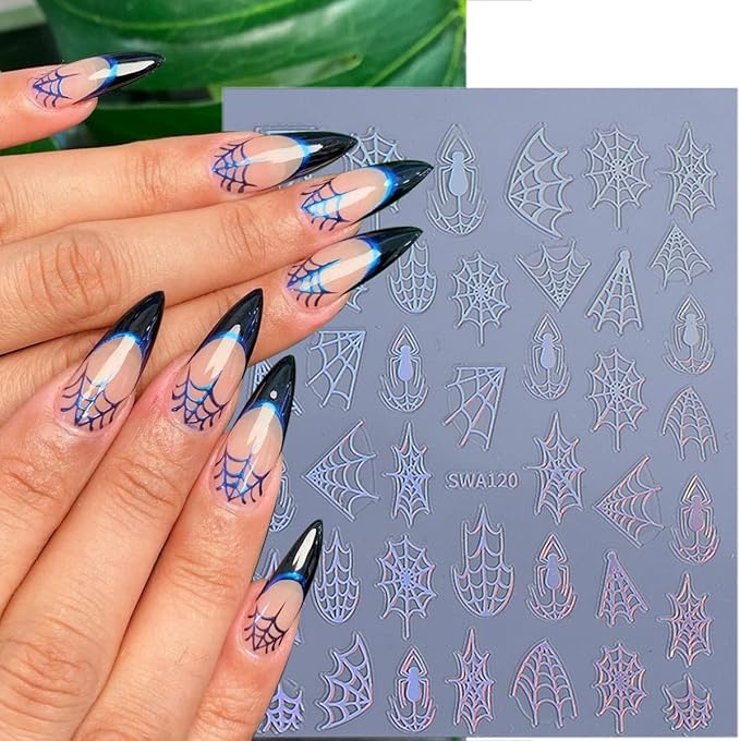 5 Sheets Halloween Nail Stickers for Nail Art 3D Self-Adhesive Spider Web Nail Art Stickers White Black Silver Laser Gold Spider Nail Decals Goth Nail Art Supplies for Women Acrylic Manicure Salon