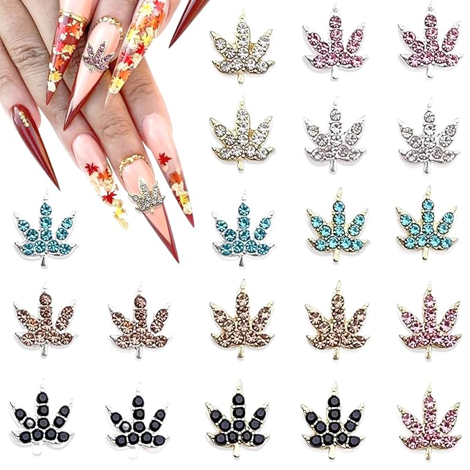 20 Pcs Fall Maple Leaf Nail Charms - Colorful 3D Alloy Crystal Maple Leaves Nail Rhinestones Mix Luxury Jewelry Gems for Women DIY Manicure