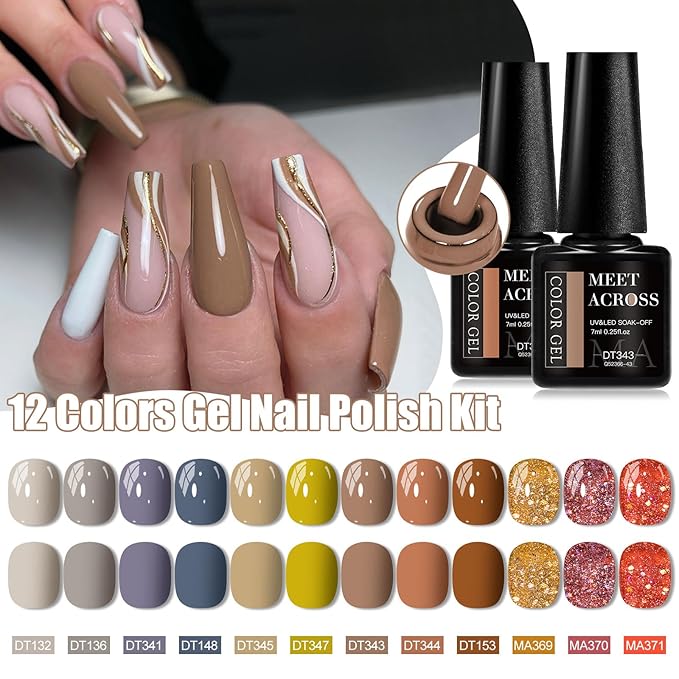 MEET ACROSS 12PCS Gel Nail Polish Set, 12 Colors Gel Nail Kit Art Design Soak Off UV LED,Nail Art Design Gifts for Women (Fall-2, 12PCS)