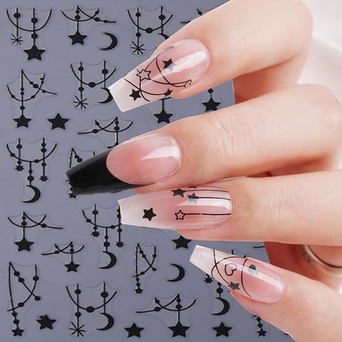 6 Sheets Moon Star Nail Art Stickers 3D Self -Adhesive Hollow Stars Nail Decals Holographic Black & Silver Pendant Star Moon Nail Stickers Unique Nail Decoration for Women Manicure Supplies