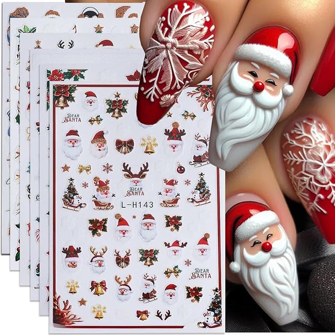 Christmas Nail Art Stickers Decals Santa Claus Christmas Tree 3D Self-Adhesive Xmas Nail Decals Nail Art Supplies 6PCS Gingerbread Man Bell Elk Penguins Design Holiday Nail Stickers for Women Girls