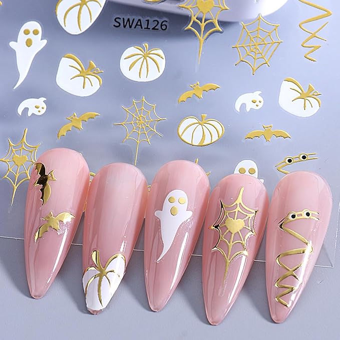 4 Sheets Halloween Nail Stickers for Nail Art 3D Self Adhesive Gold Glitter Nail Art Stickers Spider Web Pumpkin Nail Decals Fall Maple Leaf Nail Supplies for Women DIY Christmas Decorations