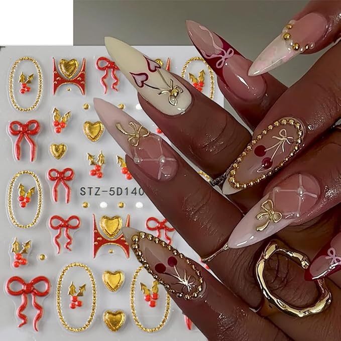 2Sheets Christmas Nail Art Stickers 5D Embossed Winter Nails Decals French Nail Stickers for Nail Art Self Adhesive Red Gold Heart Bow Design Christmas Sticker for Women Holiday DIY Manicure Supplies
