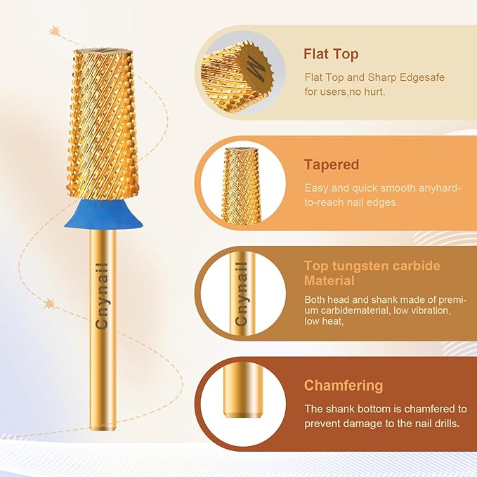 3/32" Large Tapered Barrel Flat Bit Tungsten Carbide Nail Drill Bit Safety Bit for Gel & Acrylic Removal, 2- Way Rotating Efile Tip, Salon Electric File Accessory (M Girt, Gold)