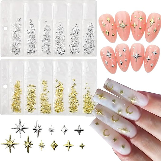400Pcs Star Moon Nail Charms 3D Gold Silver Metallic Cross Star Nail Art Charms Star Nail Jewelry Decorations Manicure Kit Nails Art Supplies Accessories for Women Girls Acrylic Nails Decor
