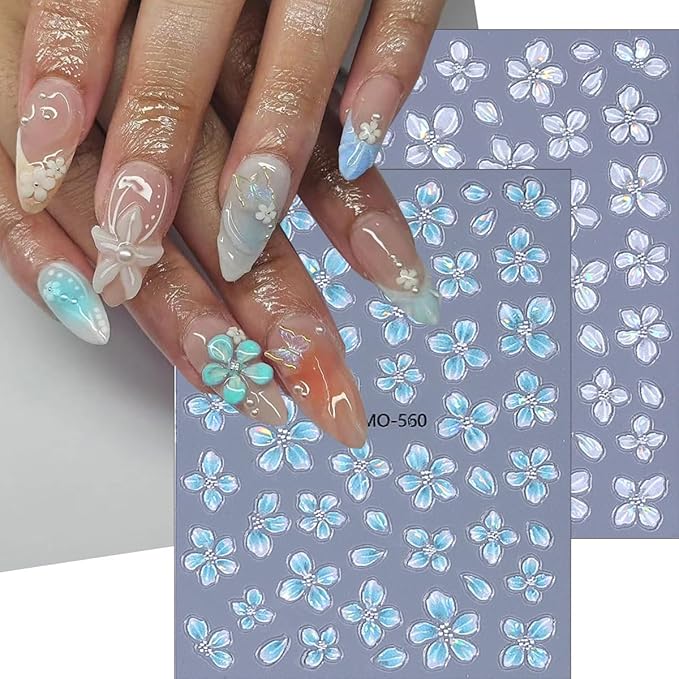 4Pcs Flower Nail Art Stickers 5D Embossed Blue White Purple Green Flower Nail Decals Holographic Spring Floral Nail Stickers Self Adhesive Summer Cute Nail Supplies Decor for Women DIY Acrylic Nails