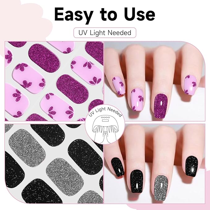 Semi Cured Gel Nail Strips 2 Set, (Glitter Black/Powder) 56 Pcs Gel Nail Wraps Stickers, Works with Any UV Lamps,Long Lasting,Salon-Quality, Easy to Apply