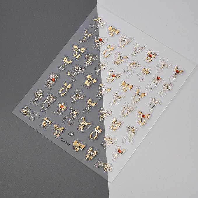 5D Embossed Gold Bow Nail Art Stickers, Rhinestones Nail Decals Metallic Ribbon Bow Tie Nail Design Cute Bow Nail Art Supplies Adhesive Sliders Sticker Craft French Manicure Decoration 1PCS